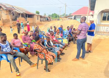 SEND CEO, Siapha Kamara, raising community awareness on child labour. Evidence Informed Advocacy for Child Labour-free secotor